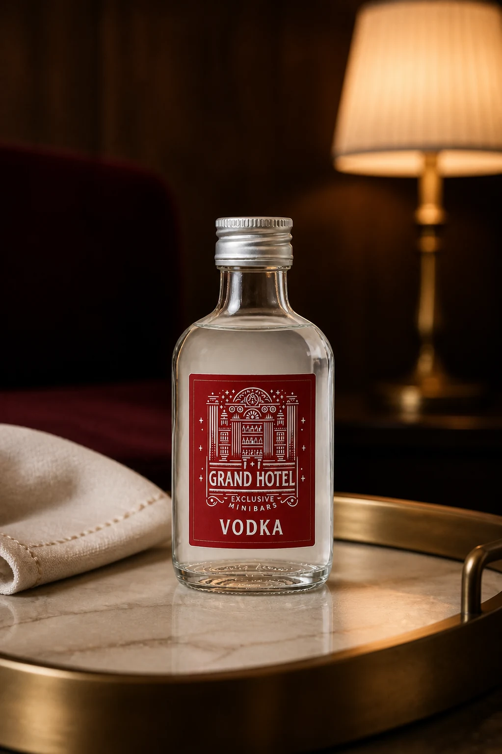 Bottiglia di vodka personalizzata da 100 ml in un minibar di hotel boutique