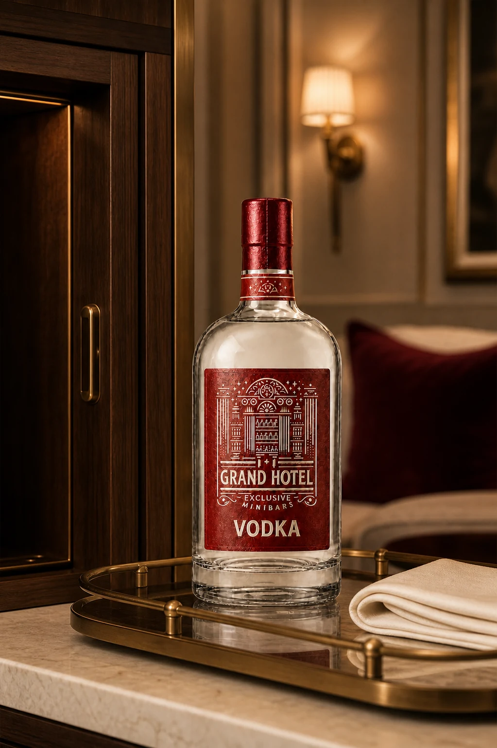 Bottiglia di vodka personalizzata da 200 ml su un vassoio di suite alberghiera