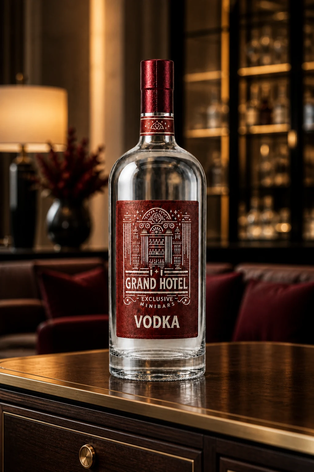 Bottiglia di vodka personalizzata da 500 ml su un banco minibar di hotel